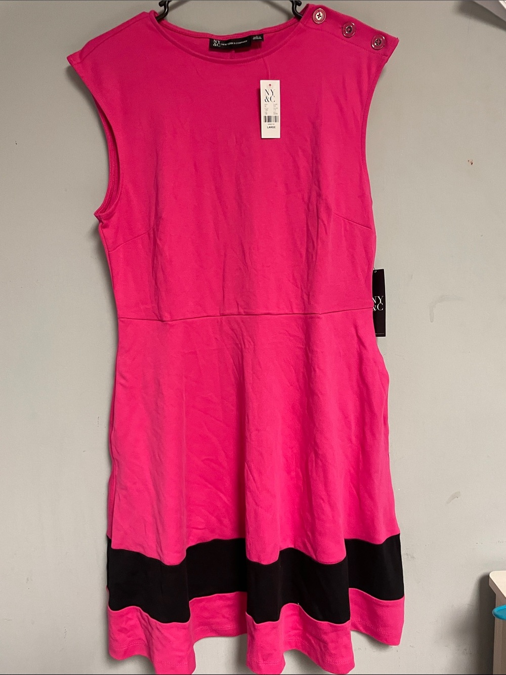 New York & Company Hot Pink Sleeveless Fit-and-Flare Dress with Black Hem Bands
